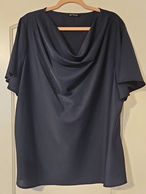 BloomChic Navy Draped Cowl Neck Blouse